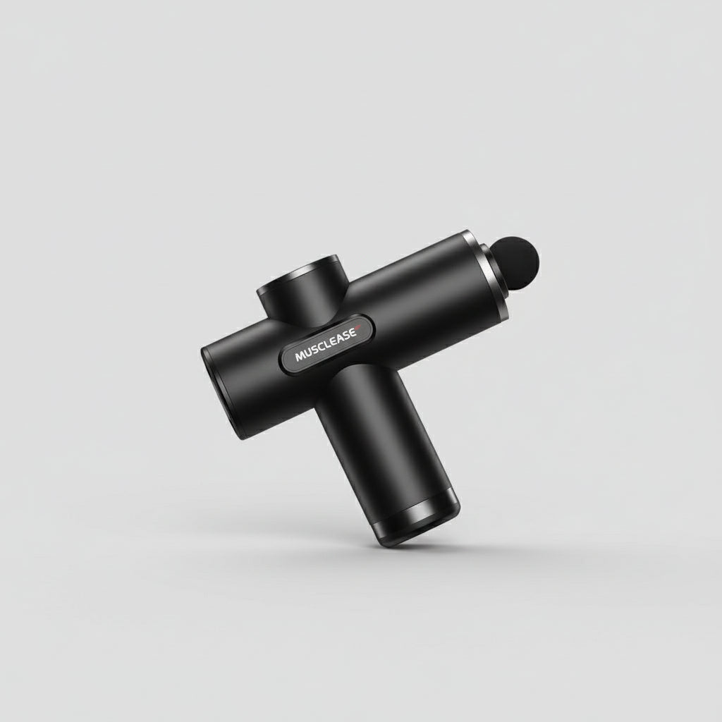 Man using a Musclease muscle recovery device with promotional text and branding.